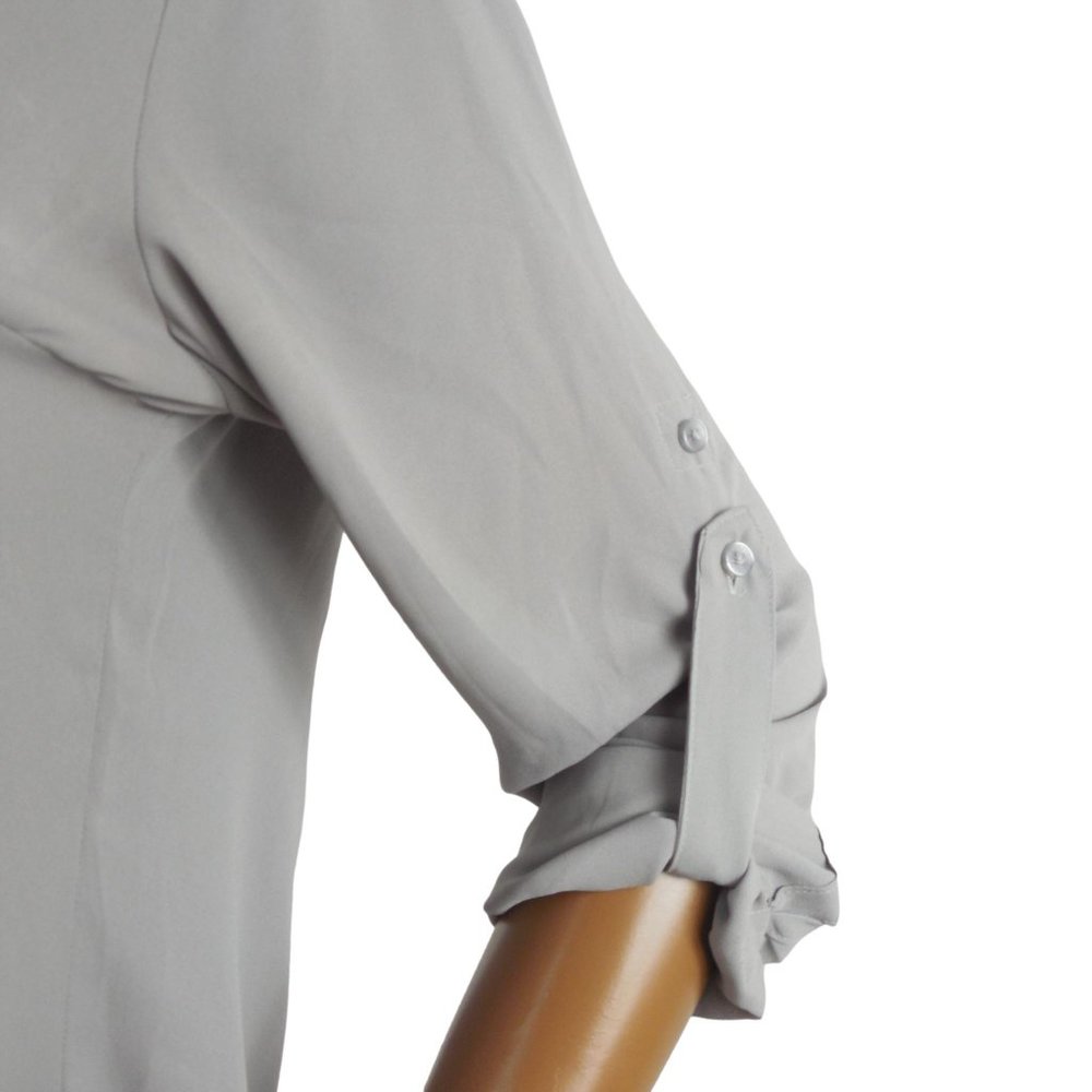 EXPRESS Top M Portofino Button Down Blouse Gray Mist Roll Tab Long Sleeves - Picture 4 of 10